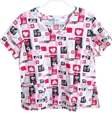 Scrubs Womens L Top Multicolor Hearts Uniform Nurse Medical Dental Workwear  - Image 1 of 4