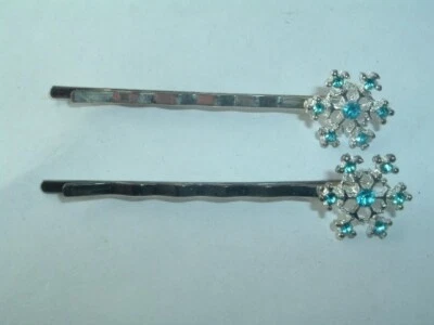VINTAGE BLUE RHINESTONE SNOWFLAKE BOBBY PINS HAIR PIN UP DO HAIR ACCESSORY - Image 1 of 2