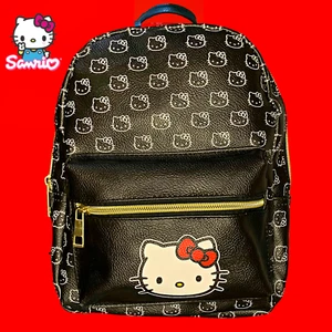 Sanrio Hello Kitty Black Leather Mini Backpack White Pattern Red Bow Women Girls - Picture 1 of 10