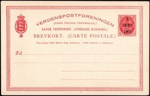 Danish West Indies Stamp Postal Card Scott # UX6 - 1 Cent Mint Surcharged Card - Picture 1 of 2