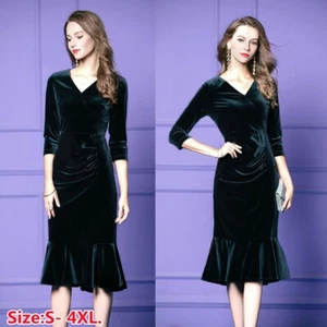 Women Velvet Mermaid Midi Dress Long Sleeve V-neck Bodycon Party Cocktail - Picture 1 of 17