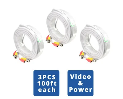 3 Pcs 100 Feet BNC Pre-Made Power and Video Cable for CCTV Security Camera  - Image 1 of 4