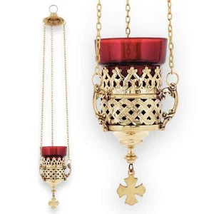 Hanging Vigil Oil Lamp - Brass Orthodox Lamp - FREE Gift - WIcks and Cork Floats - Picture 1 of 5