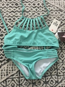 NWT Billabong Sol Searcher Strappy Hi Neck Bikini Set  Girl's 4 Aqua TKT - Picture 1 of 3