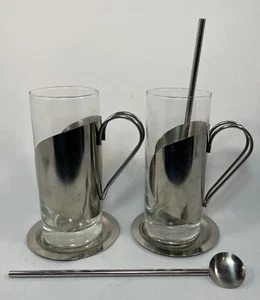 Art Deco Glas Latte ~ Cappuccino Kaffeetassen ~ Tassen Edelstahlgriffe Löffel - Bild 1 von 9