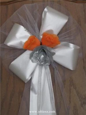 6 ORANGE/SILVER ROSES WHITE satin ribbon pew bows for events - Image 1 of 3