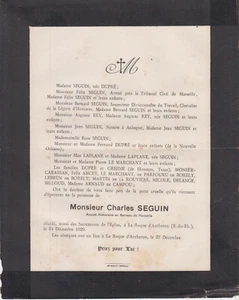 1929 Faire-part décès Charles SEGUIN, avocat - La Roque-d'Anthéron. - Picture 1 of 1