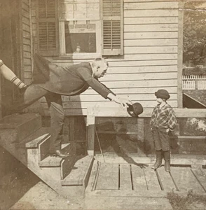 Antique Photo Stereoview Comedy ~ Man Cheating Thrown Out By Wife - Picture 1 of 5