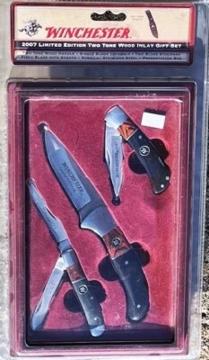 Winchester 2007 Edición Limitada Dos Tonos Incrustación Madera 3 Cuchillos Bolsillo y Juego Fijo Foto 1 de 4
