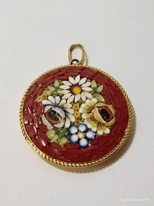 Italian Micro Mosiac Tile Gold Tone Floral Pendant - Picture 1 of 7