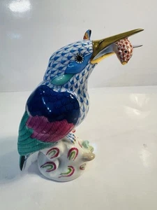 Rare Herend Blue Fishnet Kingfisher w/Fish In Mouth Hand Painted w/24k Perfect! - Picture 1 of 7