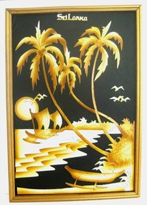 Vintage Sri Lanka Handcrafted Wooden Tropical Scene Palm Tree Framed Art Hanging - Picture 1 of 5