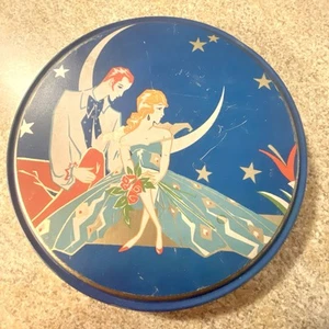 Art Deco RARE Queen Anne Candy Co. Tin-Courting Couple-Moon & Stars-ROMANTIC - Picture 1 of 10