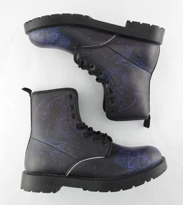 Women’s Combat Boots Size 8.5 Black Lace Up Galaxy Moon Sun Mandala Print Gothi - Picture 1 of 7