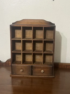 MCM Vtg Solid Wood Trinket Hanging Wall Shelf 12 Cubbies Slots 2 Drawers Ship US - Image 1 of 4