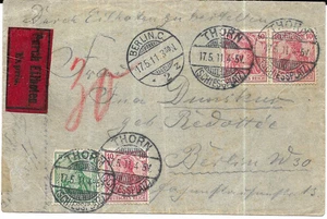 Reich alemán carta de mensajero urgente desde el campo de tiro Thorn 17.5.1911 a Berlín - Imagen 1 de 2