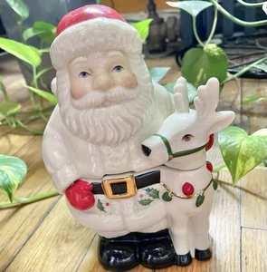 Lenox Holiday Santa & Reindeer Covered Candy Dish 6.5 Inch 2pc EUC - Picture 1 of 4