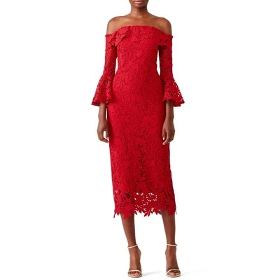 Shoshanna Red Harrison Lace Midi Dress Off the Shoulder Bell Sleeves Bodycon 6 - Image 1 of 4