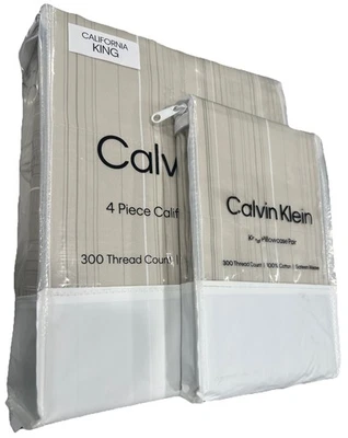 Juego de sábanas Calvin Klein Cal King tejido satén algodón - rayas tonales beige - 6 piezas Foto 1 de 4