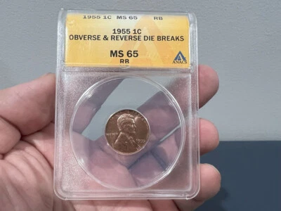 1955 1c One Cent Lincoln Cent Obverse & Reverse Die Breaks Anacs MS65 - Image 1 of 3