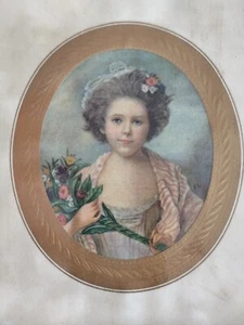 Estampe XIXème portrait médaillon jeune fille au bouquet de fleurs - Imagen 1 de 4