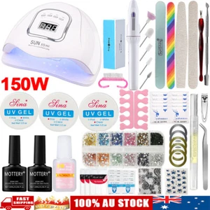 Full Nail Kit UV Gel Top Base Coat 150W UV Lamp Dryer Glitter Drill Manicure Set - Picture 1 of 10