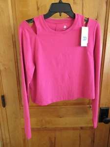 ALL IN MOTION M CROPPED LSLV TOP NEON PINK V-CUT SHOULDER CREW NECK POLY SPANDX - Picture 1 of 5