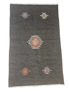 100% Wool Turkish Doormat Rug 28"x44" Gray Handmade Vintage Small Kilim Rug - Picture 1 of 5