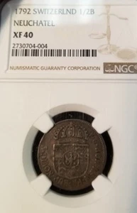 1792 SWITZERLAND 1/2 BATZEN NEUCHATEL NGC XF 40 - Picture 1 of 2