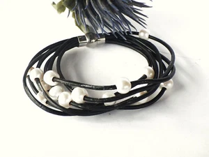 JEWELLERY PIECE Leather Bracelet White PEARL NEW 21cm Magnetic Clasp - Picture 1 of 1