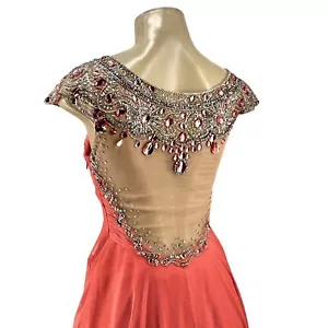 Maxi Vestido Sherri Hill Formal Bling Baile de graduación Mangas Gorra Coral Melocotón Línea A - Imagen 1 de 12