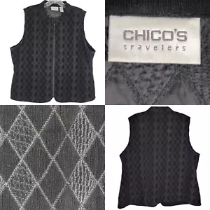 Chicos Travelers Black Full Zip Vest Women’s Size 3 XL Quilted Diamond - Picture 1 of 7