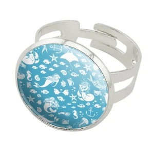 Blue Mermaid Pattern Seashells Fish Silver Plated Adjustable Novelty Ring - Picture 1 of 3