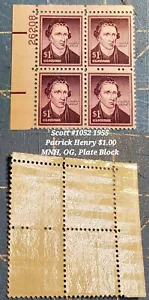1955 Patrick Henry $1 Plate Block of 4 Scott #1052 MNH, OG, Shiny & Nice 26208 - Picture 1 of 3