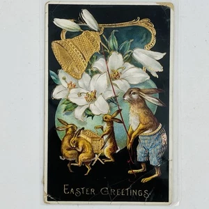 Antike Ostergruß Postkarte schwarz 1914 Hasen und Blumen - Bild 1 von 5