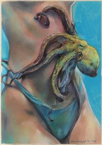 original drawing A4 115GZ artwork pastel modern woman with octopus - Picture 1 of 4