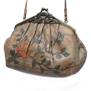 VTG Fancy Nancy Signed Leather Crossbody Bag Hand-Painted Wearable Art Purse - Picture 1 of 7