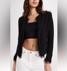 IRO Shavani Bouclé Fringe Jacket Open Front Boho Chic Shaggy Trim Sz 44 US 12 L - Picture 1 of 8