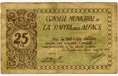# SPAIN CIVIL WAR 1937 • RAPITA ALFACS 25c MUNIC. ☆ GUERRA CIVIL ESPAÑOLA ☆D1643 - Image 1 of 2