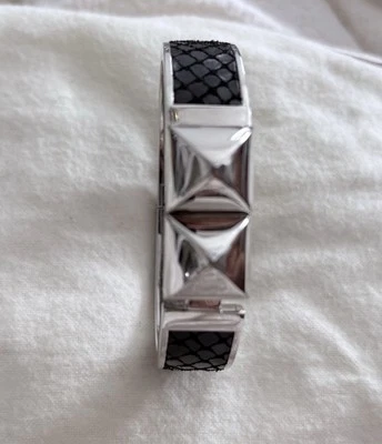 MICHAEL KORS SILVER+BLACK PYTHON LEATHER+PYRAMID STUD BANGLE BRACELET - Image 1 of 4