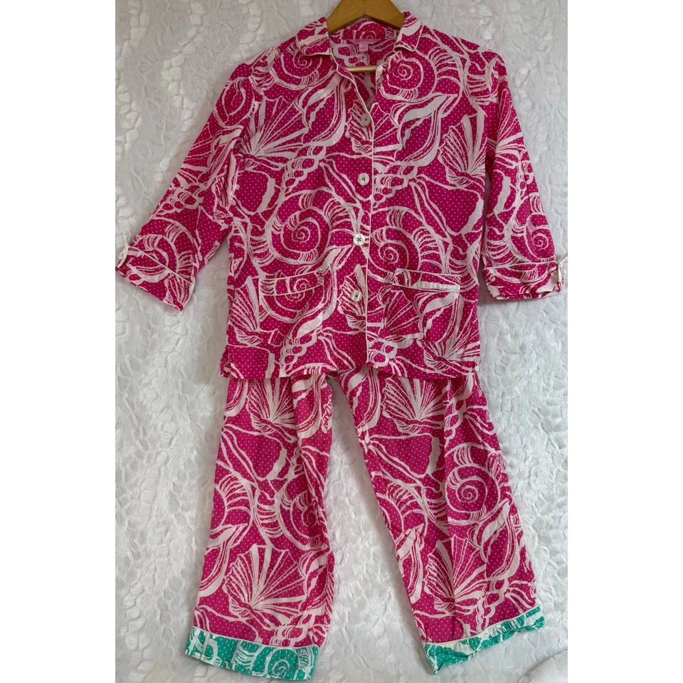 Lilly Pulitzer Sleepwear Pajama Set Seashell Dots Bright Pink White Cotton XS  - Image 1 of 4