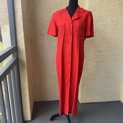 John Roberts Linen Blend Retro Dress Sz 12 Red Collared Button Down 90's 80's - Image 1 of 4