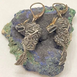 Signed DS - David Schorr Sterling Silver & 18k Dragon Dangle Earrings - Repair - Picture 1 of 24