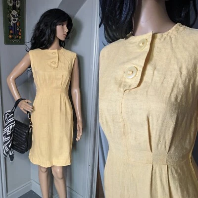 Vintage 60s Linen Lemon Yellow Wiggle Shift Dress Mod S 6 8 36 - Image 1 of 4