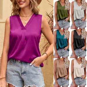 Para Mujer Top Verano Nuevo Cuello en V Informal Satén Sin Mangas Básico Chaleco Camisa - Imagen 1 de 19