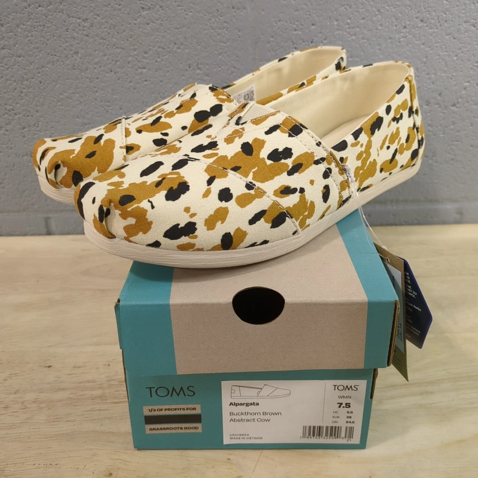 Toms Shoes Alpargata Flats Womens Size 6.5 Buckthorn Brown Abstract Cow P14
