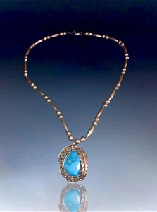 1970’s Native Navajo Sterling Silver Bench Bead & AAA Bisbee Turquoise Necklace - Picture 1 of 8