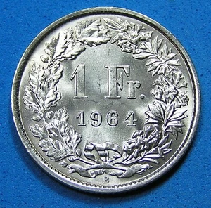 Switzerland 1 Franc Silver Coin 1964 Lustrous Choice BU, KM-24, Combined S/H - Picture 1 of 2