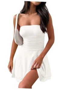 Women's 2024 Summer Strapless Tube Dress Sexy Off Shoulder Ruffle Small White - Picture 1 of 7