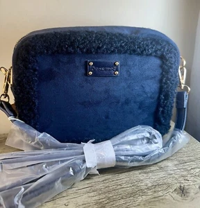 BearPaw Purse Bag Navy Blue Shearling Trim Camera Crossbody Faux Suede NWT - Picture 1 of 5